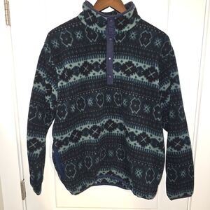 L.L. Bean Vintage Blue Patterned Pullover With Snap Buttons Blue/Green | Size: M